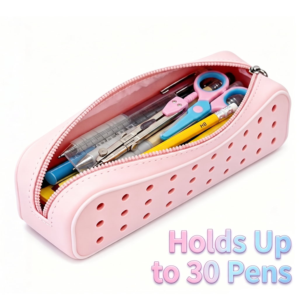 ENNUFO Pink Silicone Pencil Case, Fun Croc Pencil Pouch with 10 Custom Charms for Girls, Cute Zipper Bag for Kids School, Waterproof Organizer and Small Makeup Pouch