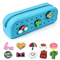 ENNUFO Blue Silicone Pencil Case, Fun Croc Pencil Pouch with 10 Custom Charms for Girls, Cute Zipper Bag for Kids School, Waterproof Organizer and Small Makeup Pouch (blue)