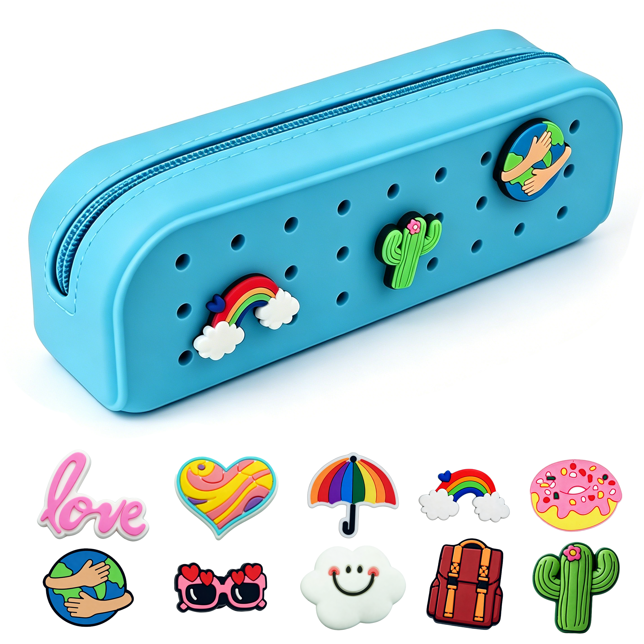 ENNUFO Blue Silicone Pencil Case, Fun Croc Pencil Pouch with 10 Custom Charms for Girls, Cute Zipper Bag for Kids School, Waterproof Organizer and Small Makeup Pouch (blue)