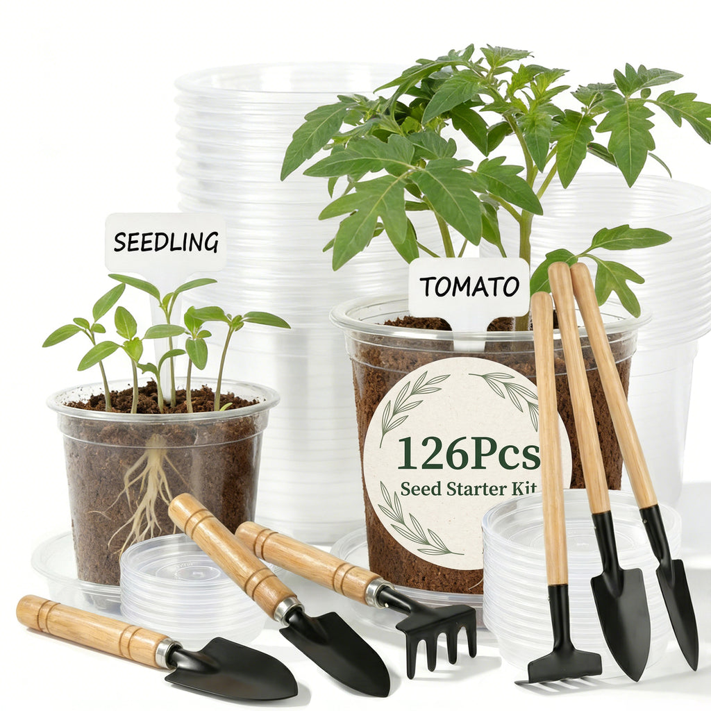 ENNUFO Clear Nursery Pots with Drainage, 4/5 inch Plastic Pots for Indoor Plants, 126 Pcs Seed Starter Kit with Plant Saucers, Labels & Tools