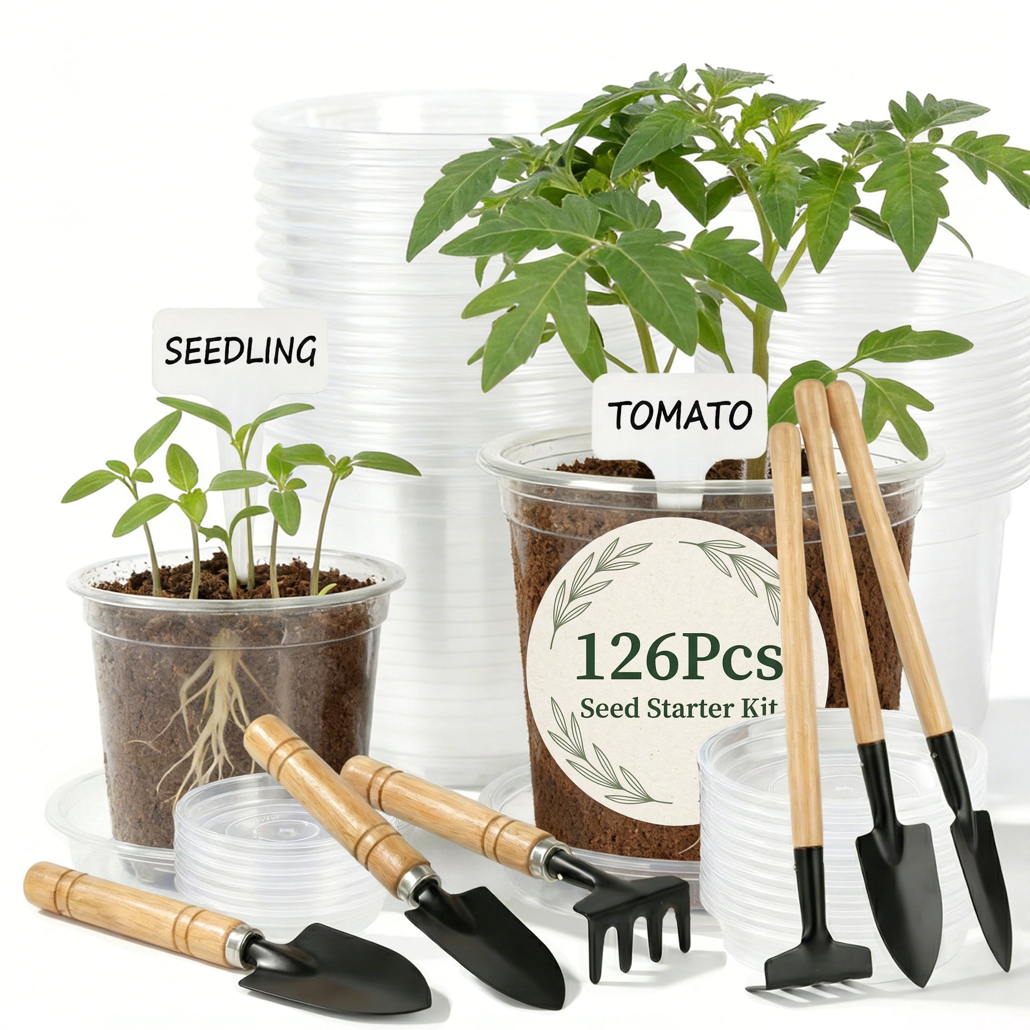 ENNUFO Clear Nursery Pots with Drainage, 4/5 inch Plastic Pots for Indoor Plants, 126 Pcs Seed Starter Kit with Plant Saucers, Labels & Tools