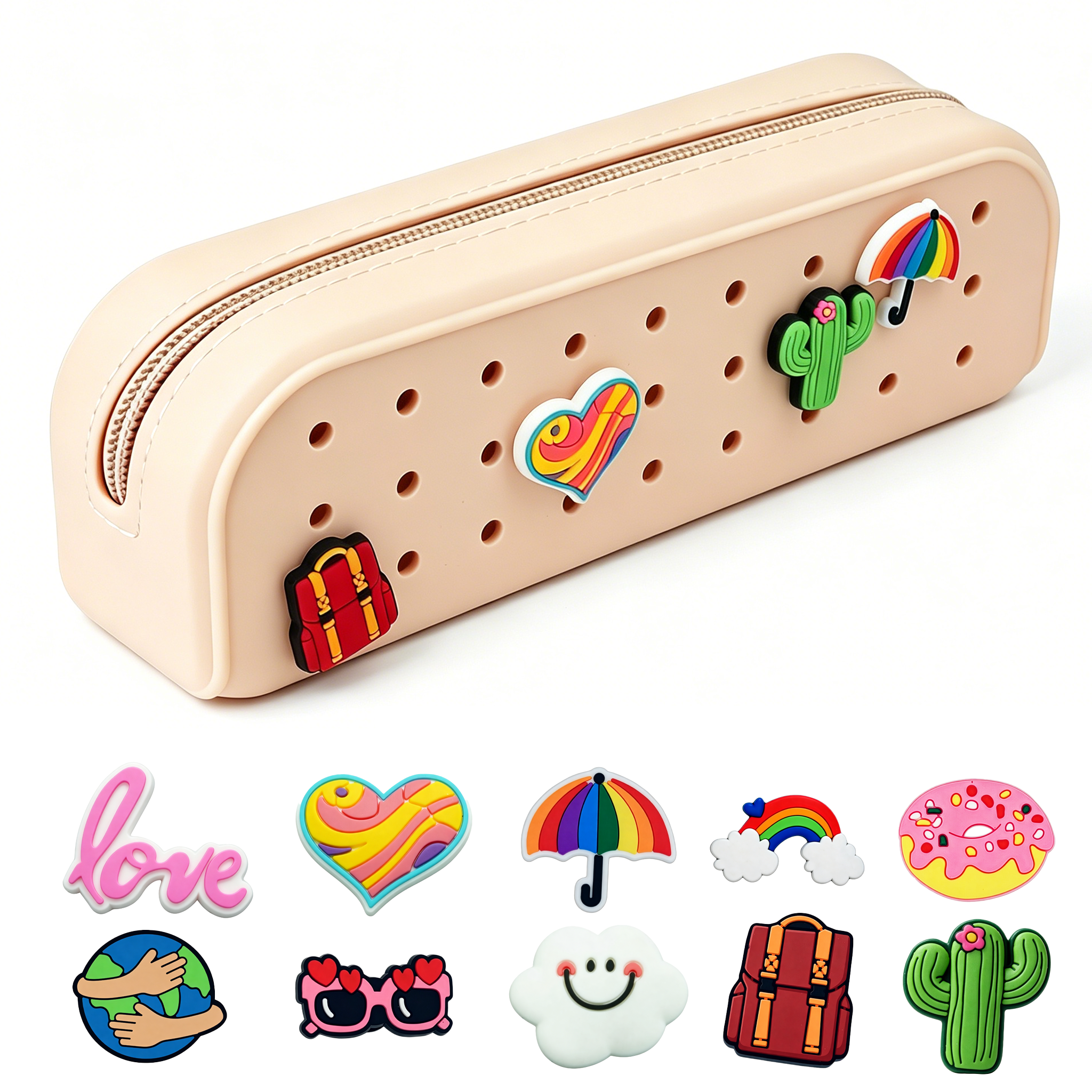 ENNUFO Brown Silicone Pencil Case, Fun Croc Pencil Pouch with 10 Custom Charms for Girls, Cute Zipper Bag for Kids School, Waterproof Organizer and Small Makeup Pouch (Tan)