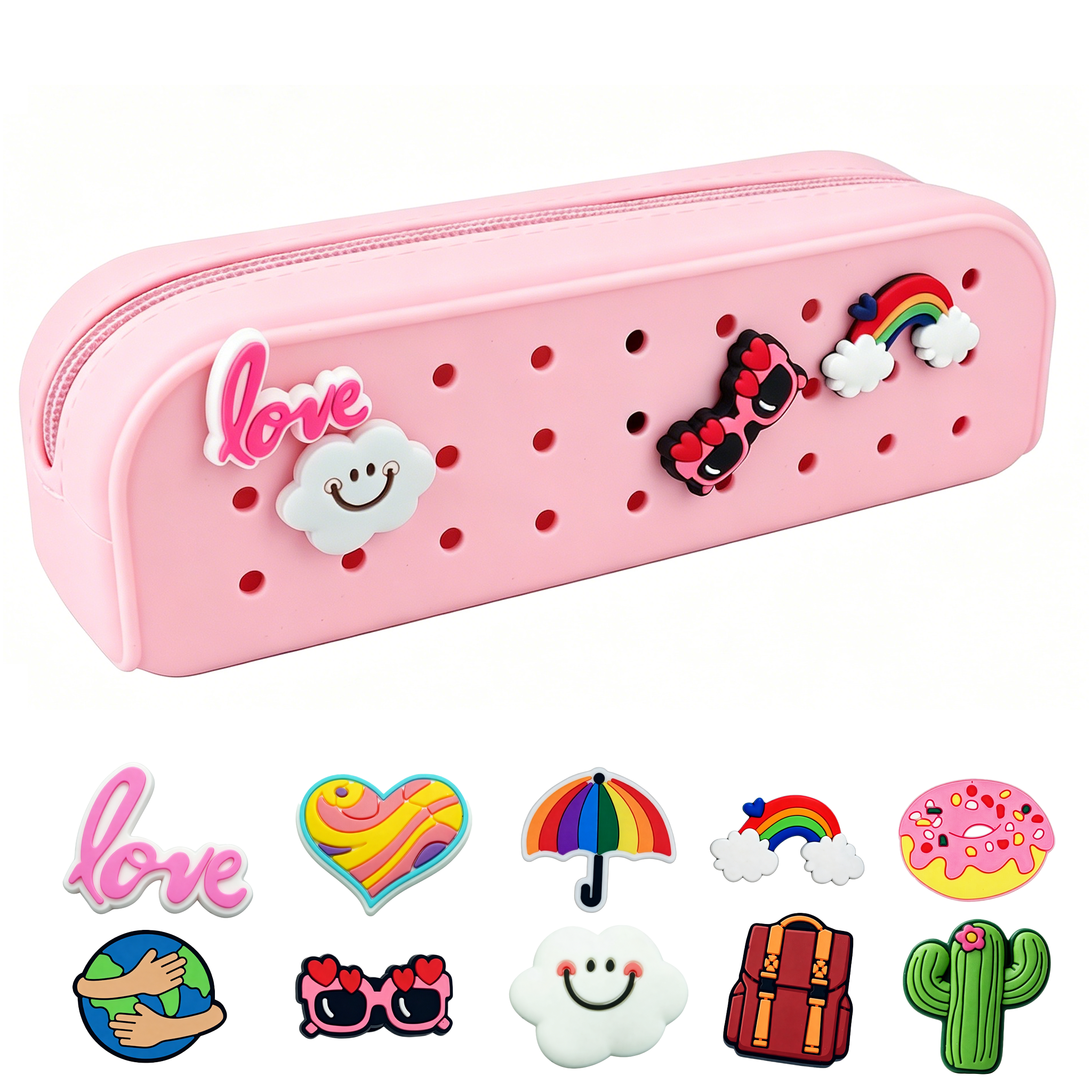 ENNUFO Pink Silicone Pencil Case, Fun Croc Pencil Pouch with 10 Custom Charms for Girls, Cute Zipper Bag for Kids School, Waterproof Organizer and Small Makeup Pouch