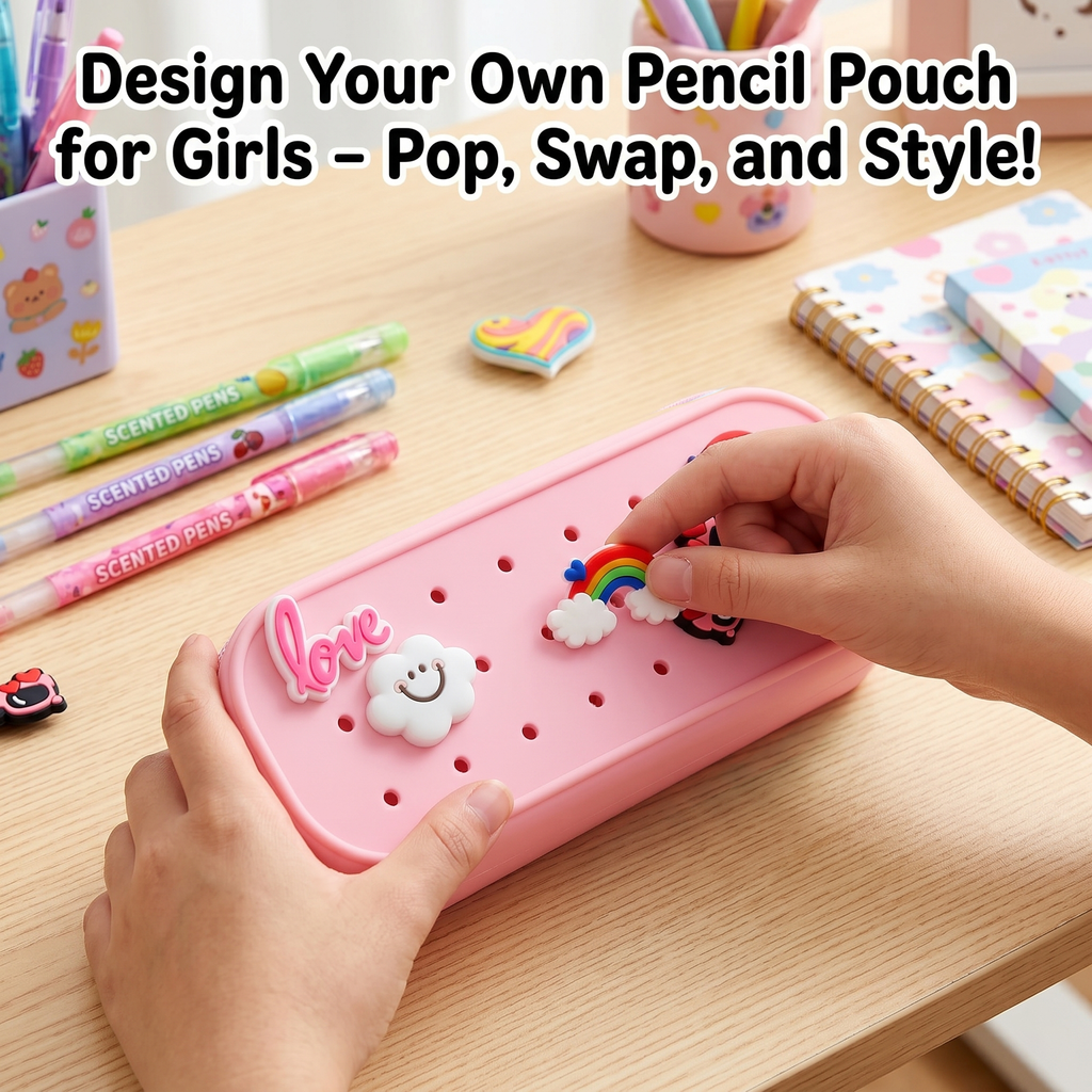 ENNUFO Pink Silicone Pencil Case, Fun Croc Pencil Pouch with 10 Custom Charms for Girls, Cute Zipper Bag for Kids School, Waterproof Organizer and Small Makeup Pouch